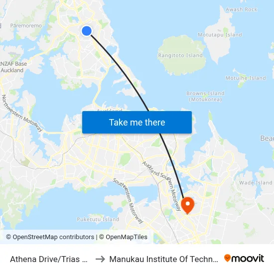 Athena Drive/Trias Road to Manukau Institute Of Technology map