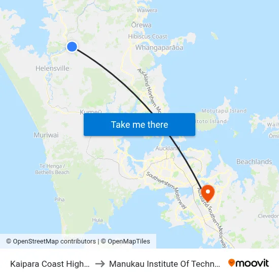 Kaipara Coast Highway to Manukau Institute Of Technology map