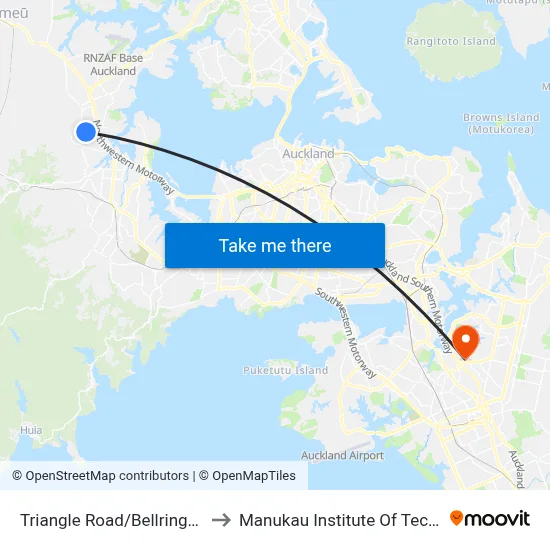 Triangle Road/Bellringer Road to Manukau Institute Of Technology map