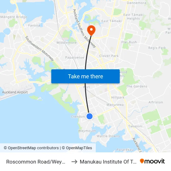 Roscommon Road/Weymouth Road to Manukau Institute Of Technology map