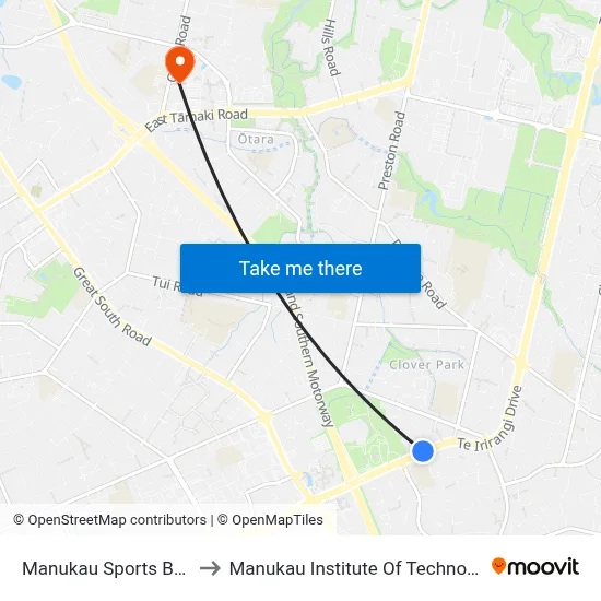 Manukau Sports Bowl to Manukau Institute Of Technology map
