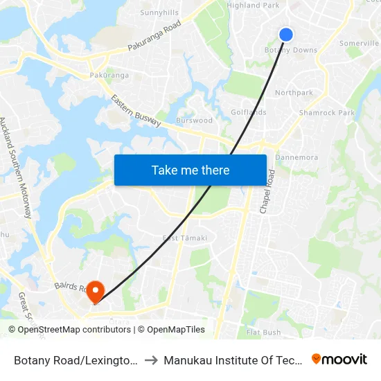 Botany Road/Lexington Drive to Manukau Institute Of Technology map