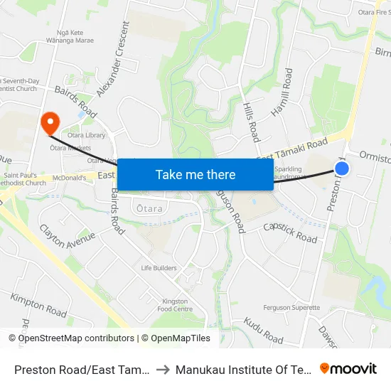 Preston Road/East Tamaki Road to Manukau Institute Of Technology map