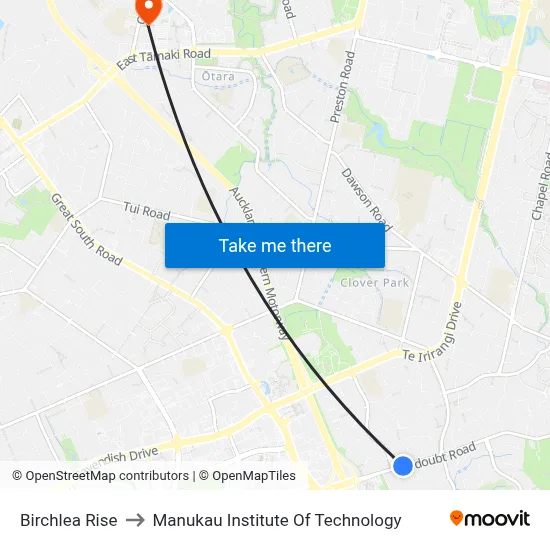 Birchlea Rise to Manukau Institute Of Technology map