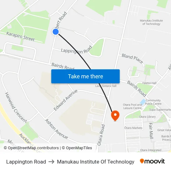 Lappington Road to Manukau Institute Of Technology map