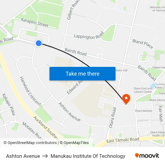 Ashton Avenue to Manukau Institute Of Technology map