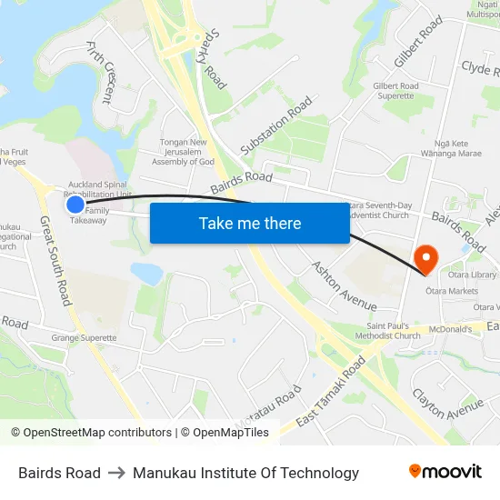 Bairds Road to Manukau Institute Of Technology map