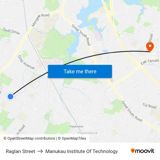 Raglan Street to Manukau Institute Of Technology map