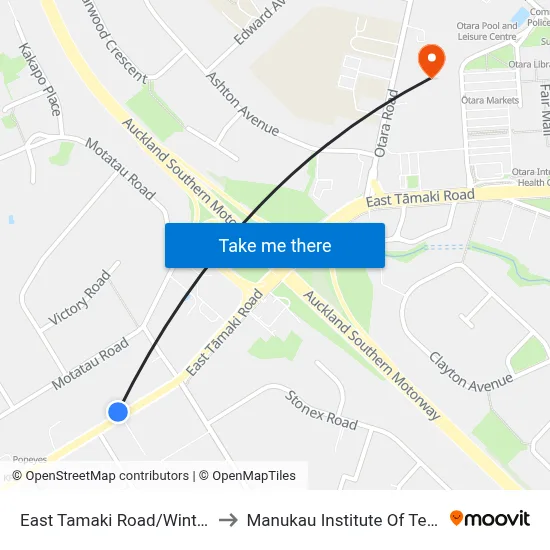 East Tamaki Road/Wintere Road to Manukau Institute Of Technology map