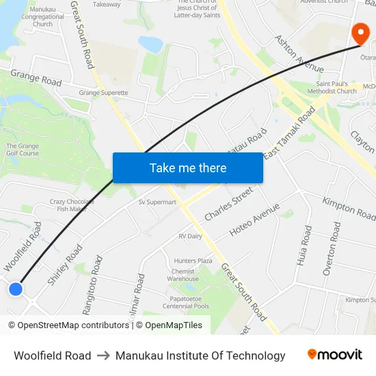 Woolfield Road to Manukau Institute Of Technology map