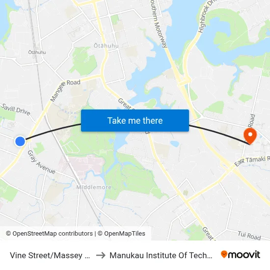 Vine Street/Massey Road to Manukau Institute Of Technology map