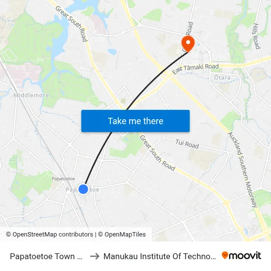 Papatoetoe Town Hall to Manukau Institute Of Technology map