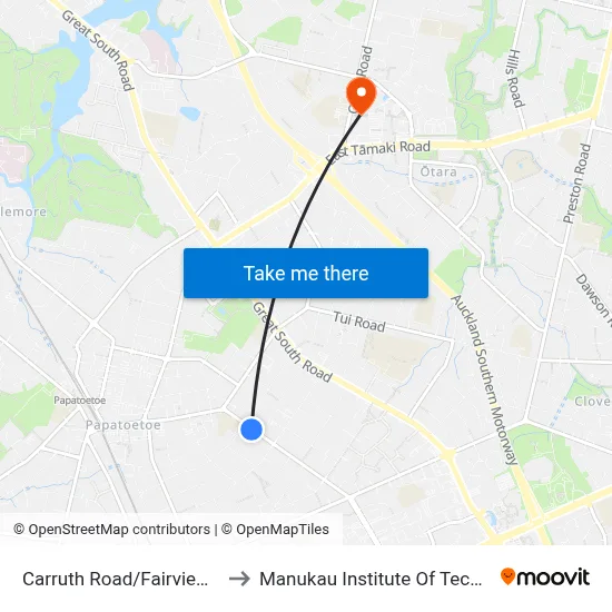 Carruth Road/Fairview Road to Manukau Institute Of Technology map