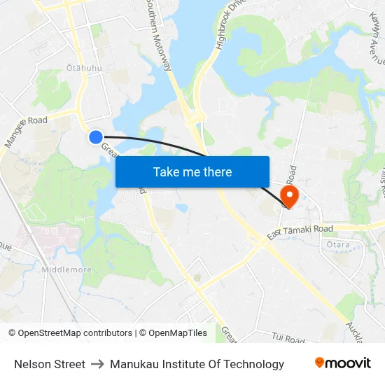 Nelson Street to Manukau Institute Of Technology map