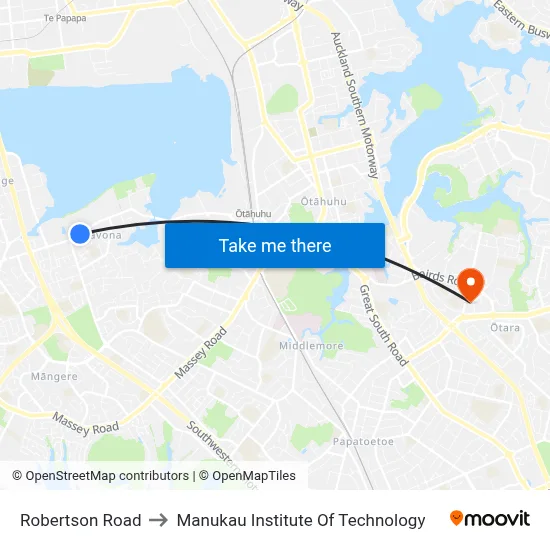 Robertson Road to Manukau Institute Of Technology map