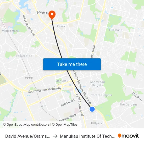 David Avenue/Orams Road to Manukau Institute Of Technology map