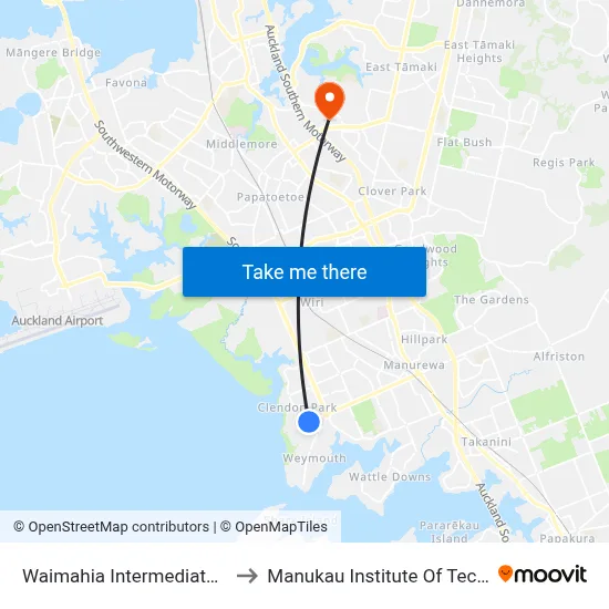 Waimahia Intermediate School to Manukau Institute Of Technology map