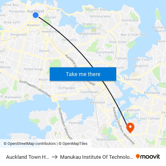 Auckland Town Hall to Manukau Institute Of Technology map