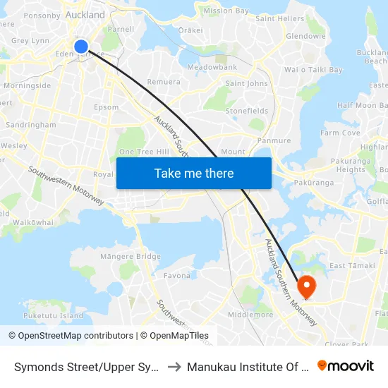 Symonds Street/Upper Symonds Street to Manukau Institute Of Technology map