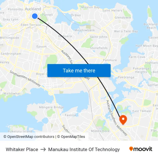 Whitaker Place to Manukau Institute Of Technology map