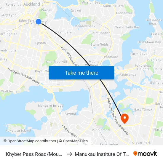 Khyber Pass Road/Mountain Road to Manukau Institute Of Technology map