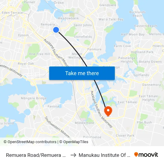 Remuera Road/Remuera Village Shops to Manukau Institute Of Technology map