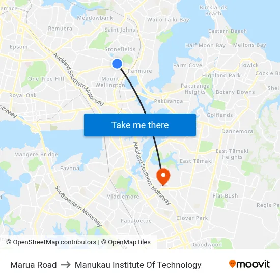 Marua Road to Manukau Institute Of Technology map