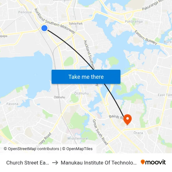 Church Street East to Manukau Institute Of Technology map