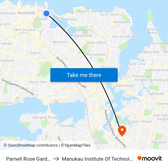 Parnell Rose Garden to Manukau Institute Of Technology map