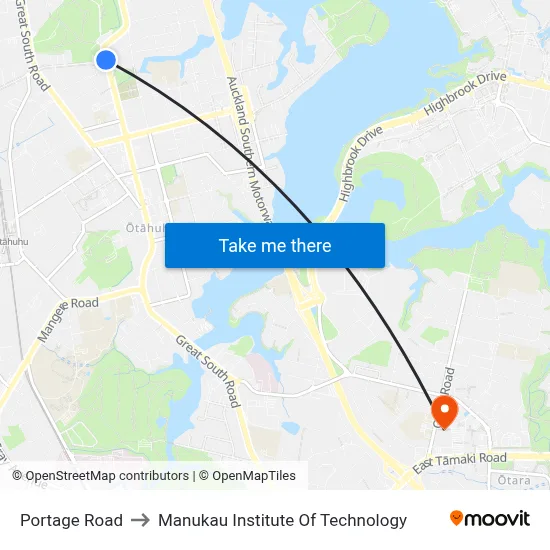 Portage Road to Manukau Institute Of Technology map