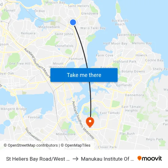 St Heliers Bay Road/West Tamaki Road to Manukau Institute Of Technology map