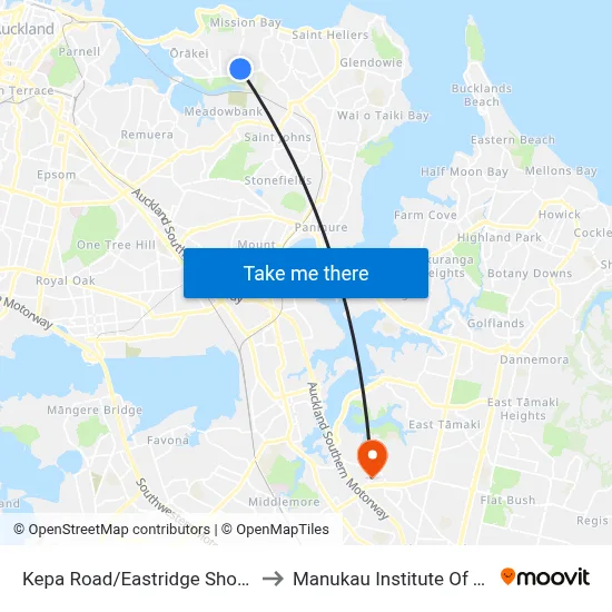 Kepa Road/Eastridge Shopping Centre to Manukau Institute Of Technology map