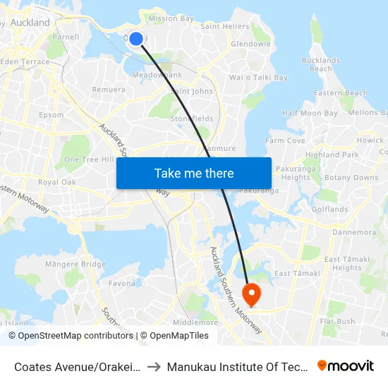 Coates Avenue/Orakei Shops to Manukau Institute Of Technology map