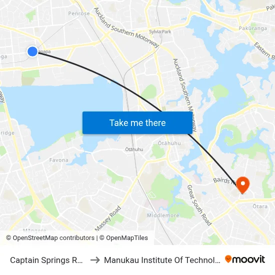 Captain Springs Road to Manukau Institute Of Technology map