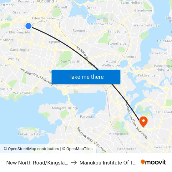 New North Road/Kingsland Station to Manukau Institute Of Technology map