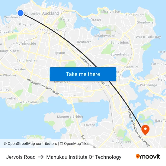 Jervois Road to Manukau Institute Of Technology map
