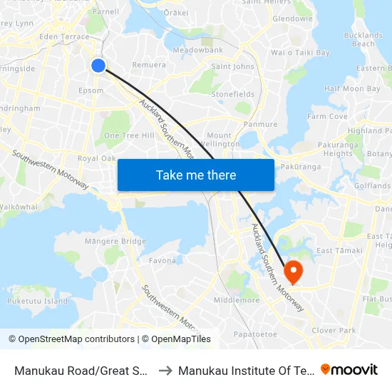 Manukau Road/Great South Road to Manukau Institute Of Technology map