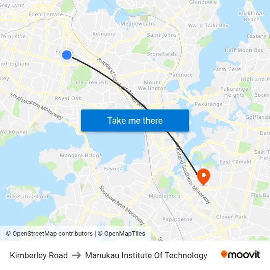 Kimberley Road to Manukau Institute Of Technology map