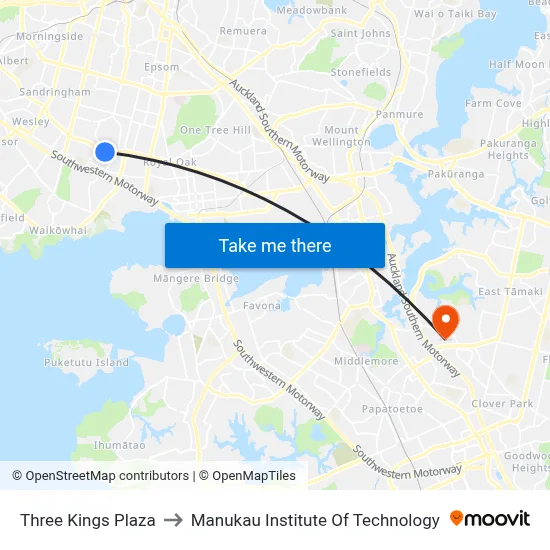 Three Kings Plaza to Manukau Institute Of Technology map