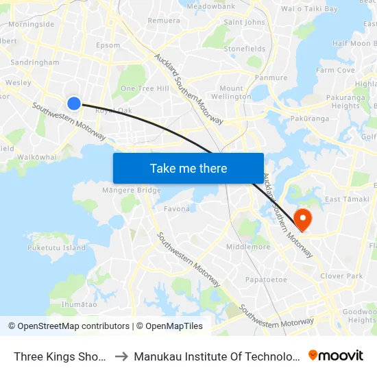 Three Kings Shops to Manukau Institute Of Technology map
