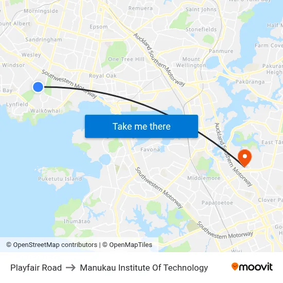 Playfair Road to Manukau Institute Of Technology map
