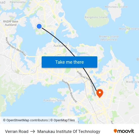 Verran Road to Manukau Institute Of Technology map