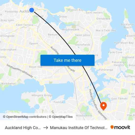 Auckland High Court to Manukau Institute Of Technology map