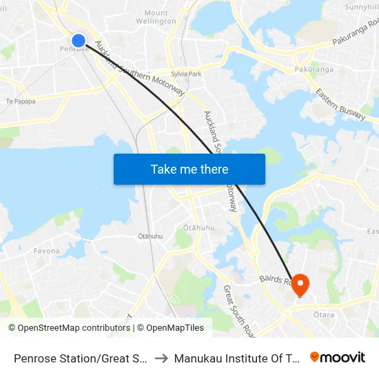 Penrose Station/Great South Road to Manukau Institute Of Technology map