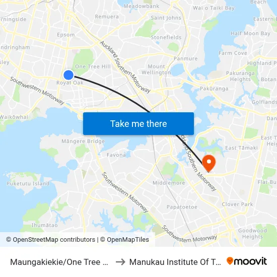 Maungakiekie/One Tree Hill Domain to Manukau Institute Of Technology map