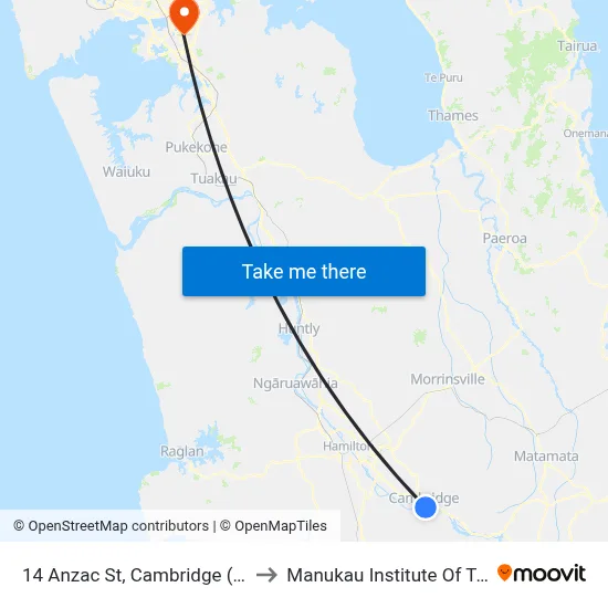 14 Anzac St, Cambridge (New World) to Manukau Institute Of Technology map