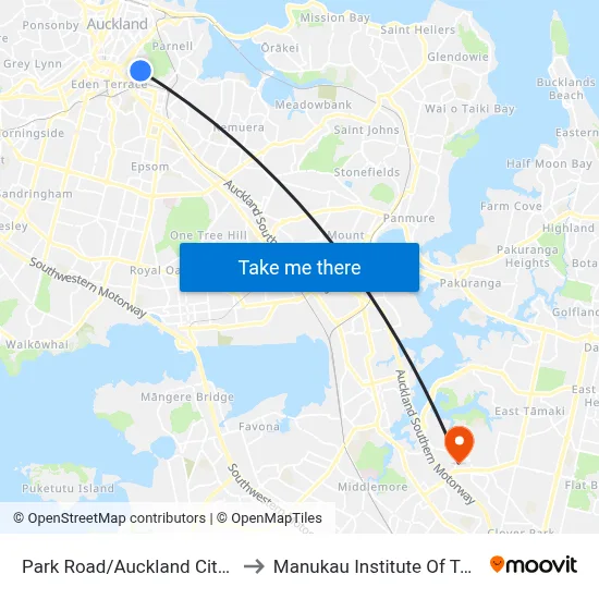 Park Road/Auckland City Hospital to Manukau Institute Of Technology map