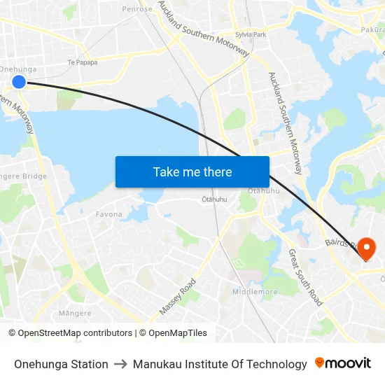 Onehunga Station to Manukau Institute Of Technology map