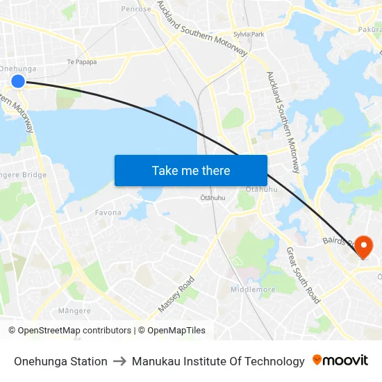 Onehunga Station to Manukau Institute Of Technology map