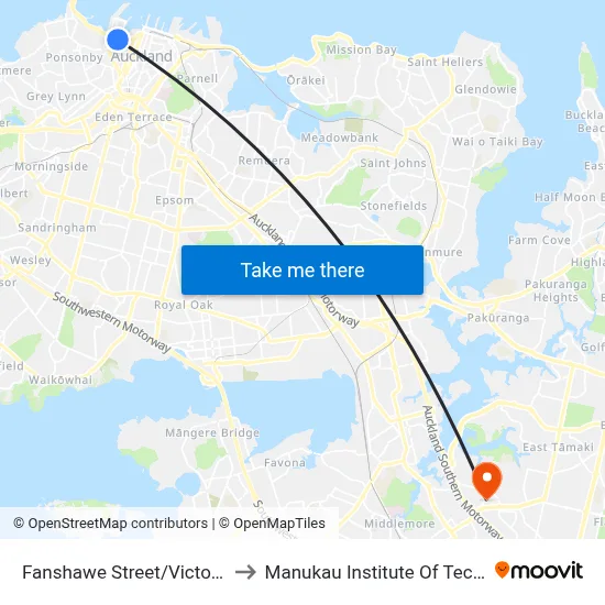 Fanshawe Street/Victoria Park to Manukau Institute Of Technology map